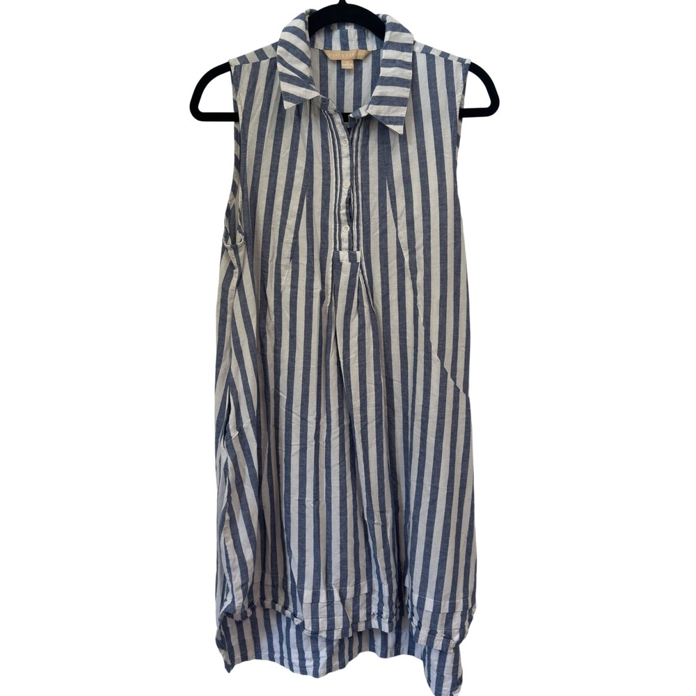 Hope & Harlow Womens 12 Sleeveless Shirt Dress Blue White Stripe Linen Cotton